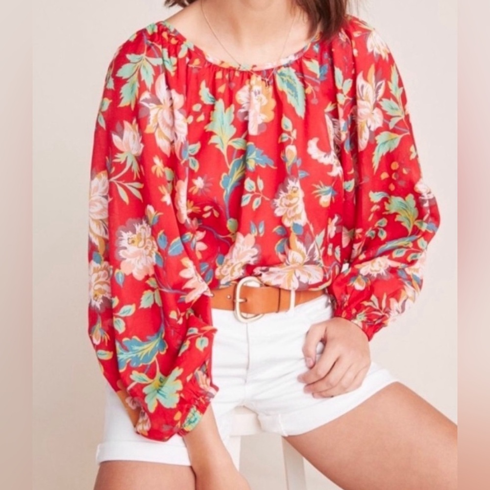 Maeve by Anthropologie Lake House Blouse Red Floral Pattern Top Size XL